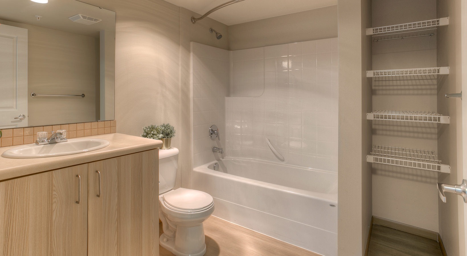 bathroom  Large and well lit bathroom with large mirror